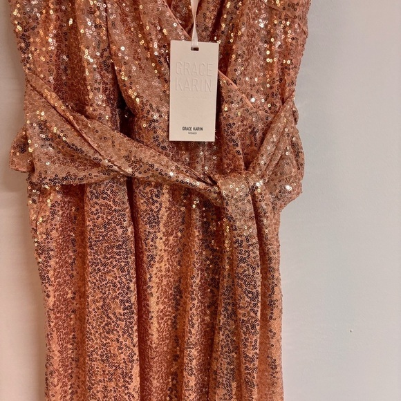 Sequined Spaghetti Straps V-Neck Bodycon Party Dress - Rose Gold - Picture 8 of 12